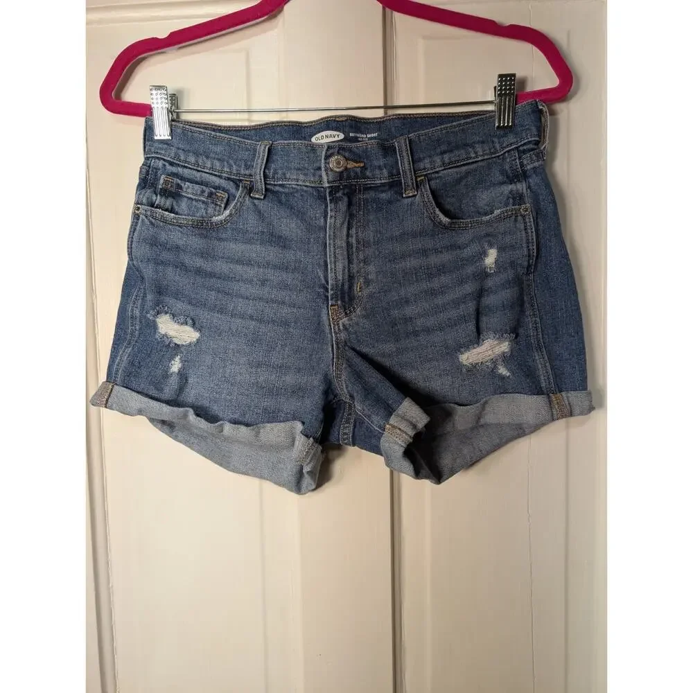 Old Navy Women's Mid Rise Boyfriend Shorts Blue Distressed Jean Size 6(807-808)